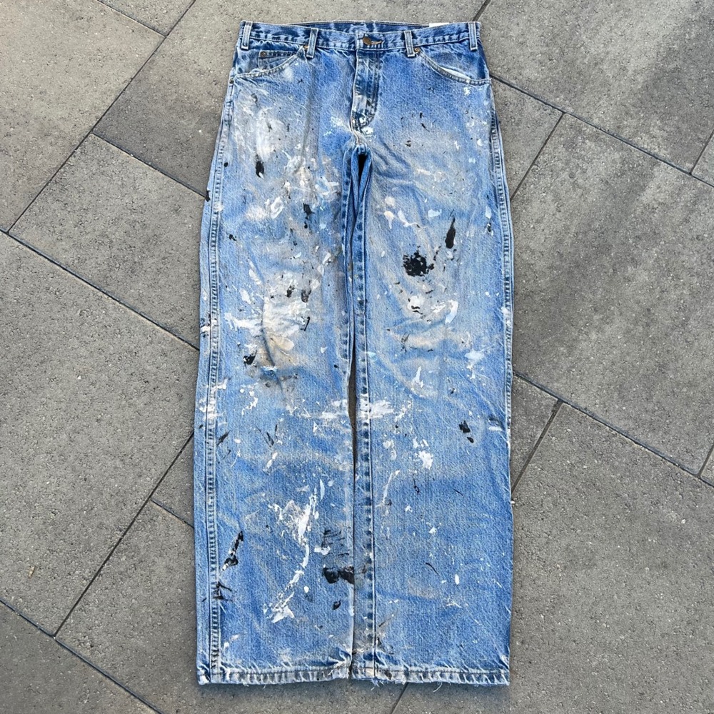 Dickies Men Paint Splatter Carpenter Jeans Light Wash Denim 32x32 Distressed